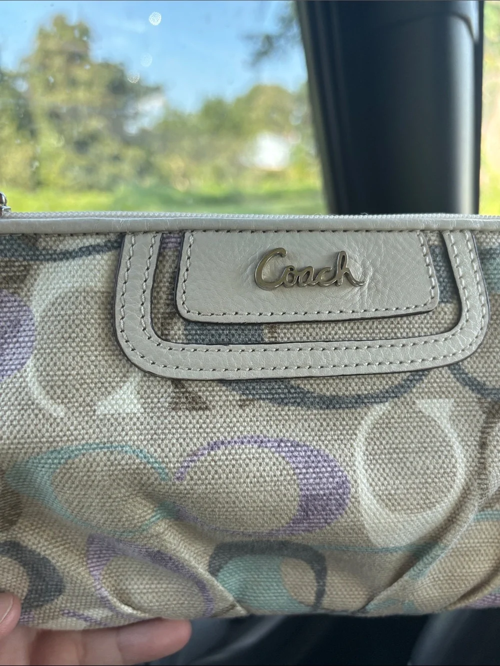 Coach Signature Canvas Wristlet with Pastel Purple and Teal Accents